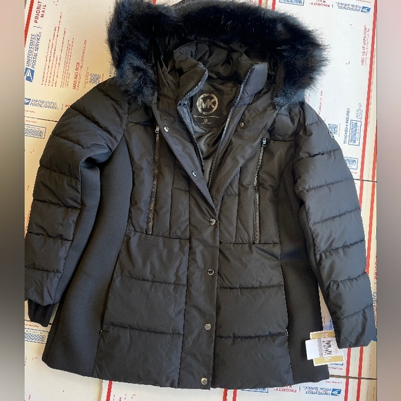 Michael Kors Black Fur Hood Winter Coat MK Jacket Plus Size 1X NEW - Picture 1 of 10